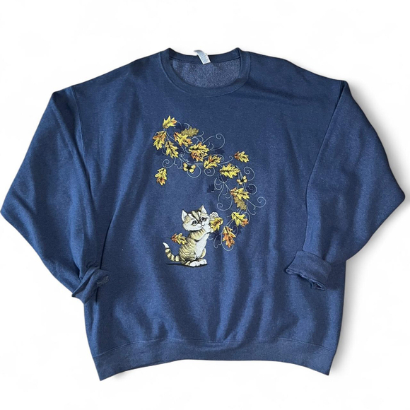 Jerzees Cat Cozy Graphic Sweater Oversized Blue Jersey Crewneck Extra Large - Picture 2 of 7